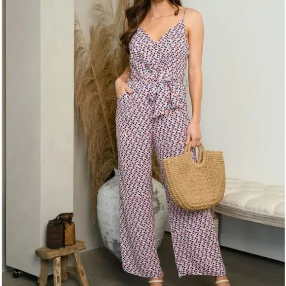 Women's V-neck Jumpsuit With Pockets - Picture 1 of 7